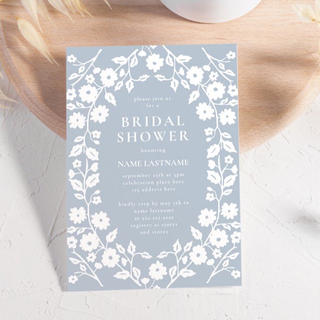 Dusty Blue White Stylish Folk Floral Bridal Shower Invitation (Creator Uploaded)