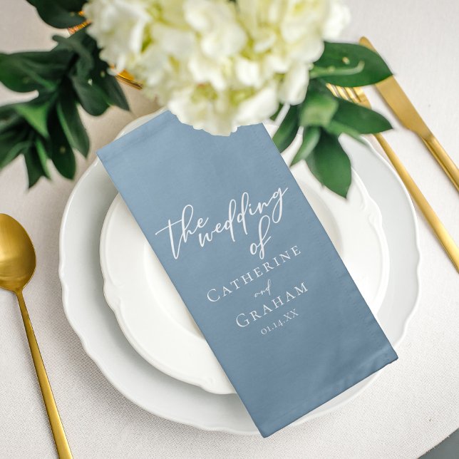 Dusty Blue White Typography Coastal Wedding Cloth Napkin (Creator Uploaded)