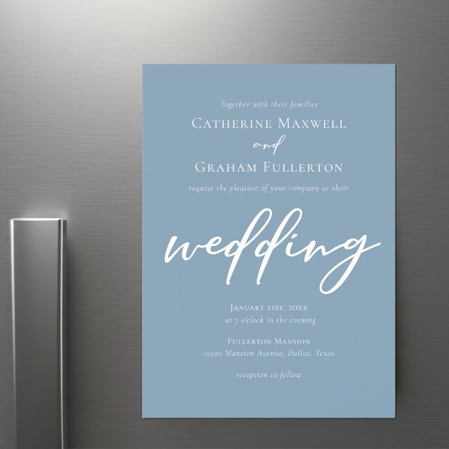 Dusty Blue White Typography Coastal Wedding Magnetic Invitation (Creator Uploaded)