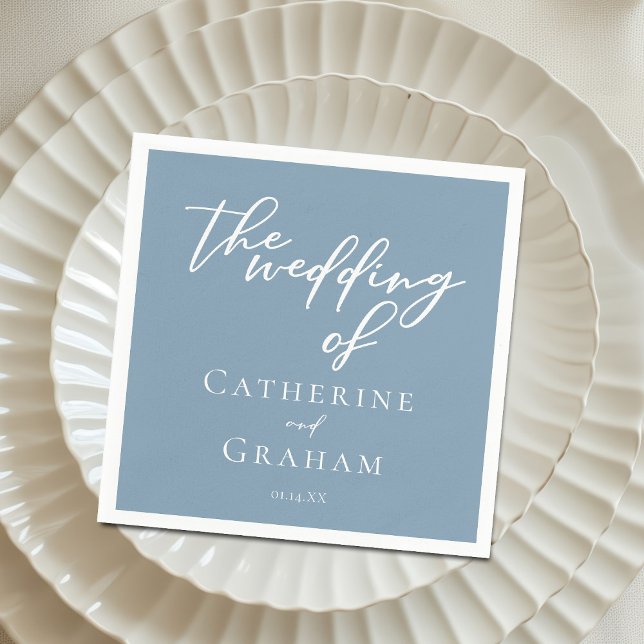Dusty Blue White Typography Coastal Wedding Napkins (Creator Uploaded)