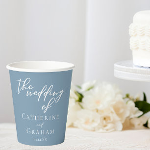 Dusty Blue White Typography Coastal Wedding Paper Cups