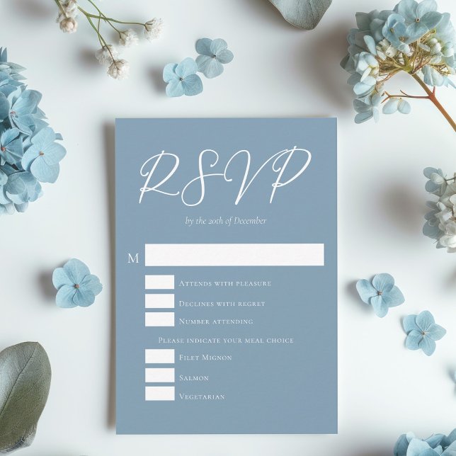 Dusty Blue White Typography Coastal Wedding RSVP Card (Creator Uploaded)