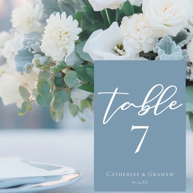 Dusty Blue White Typography Coastal Wedding Table Number (Creator Uploaded)