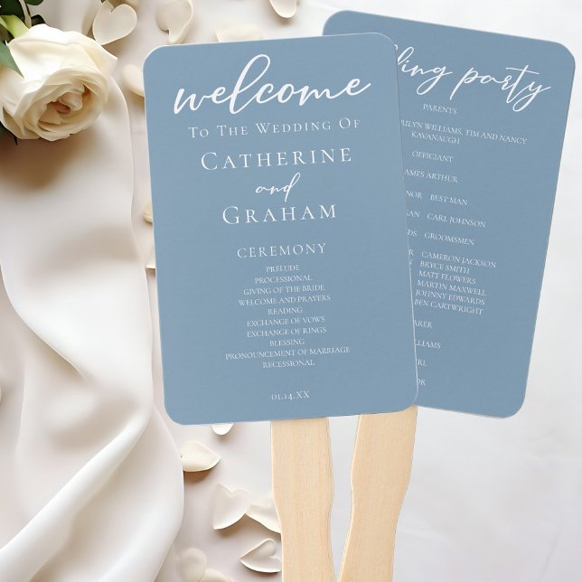 Dusty Blue White Typography Wedding Program Hand Fan (Creator Uploaded)