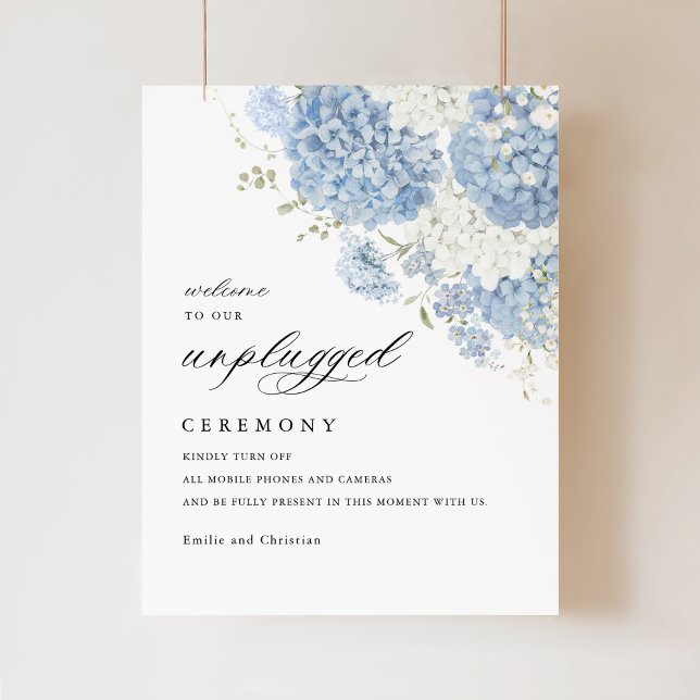 Dusty Blue White Unplugged Ceremony Wedding Sign (Dusty blue white unplugged ceremony wedding sign, watercolor hydrangea floral, hanging sign display)