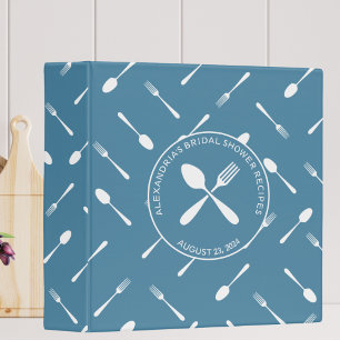 Dusty Blue & White Utensils Bridal Shower Recipe 3 Ring Binder