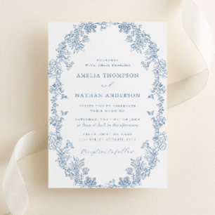 Dusty Blue White Vintage Floral Wedding Invitation