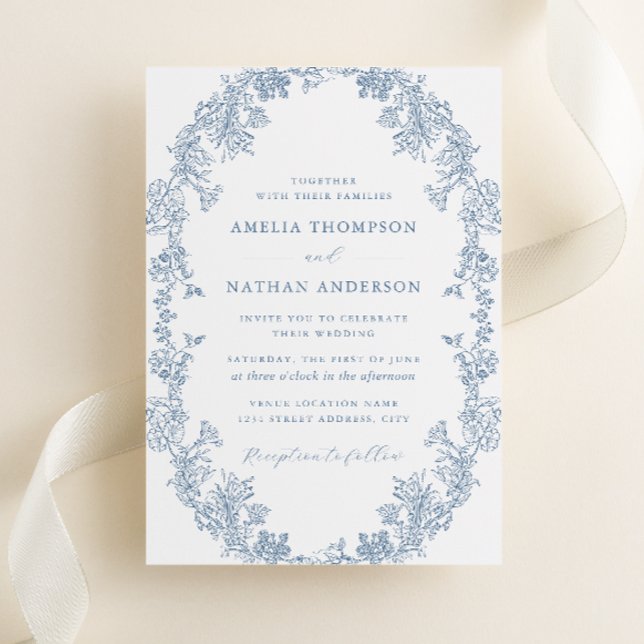 Dusty Blue White Vintage Floral Wedding Invitation (Creator Uploaded)