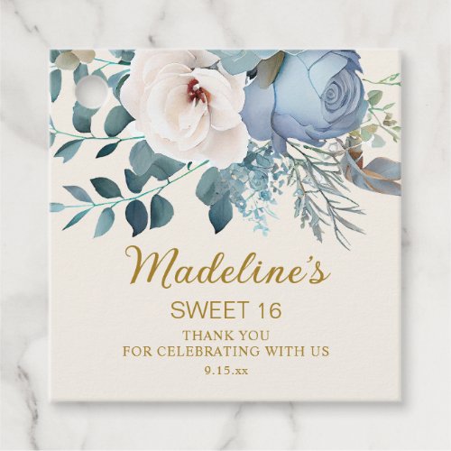 Dusty Blue White Watercolor Floral Sweet 16   Favor Tags