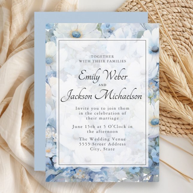 Dusty Blue White Watercolor Floral Wedding Invitation (Elegant dusty blue and white watercolor floral wedding invitation)