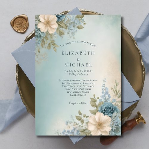 Dusty Blue White Watercolor Floral Wedding Invitation