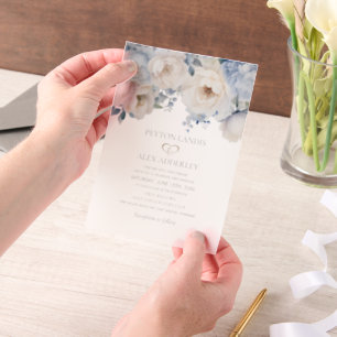 Dusty Blue White Watercolor Floral Wedding  Vellum Invitations