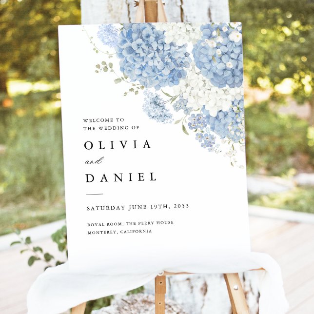 Dusty Blue White Watercolor Wedding Welcome Sign (Dusty blue white hydrangea watercolor wedding welcome sign, day of wedding sign, outdoor easel)