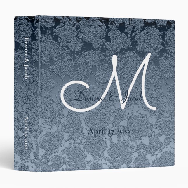 Dusty Blue White Wedding Album Monogram Floral 3 Ring Binder (Front/Spine)