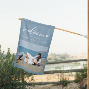 Dusty Blue White Wedding Couple Photo Welcome House Flag