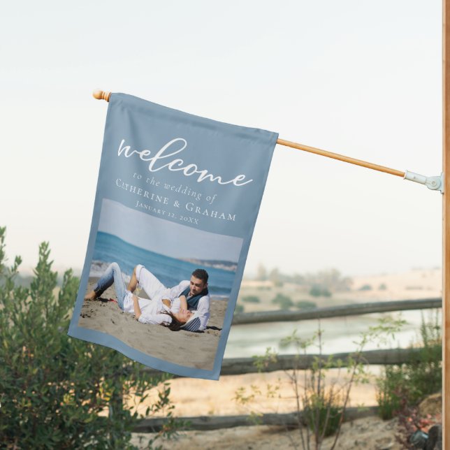 Dusty Blue White Wedding Couple Photo Welcome House Flag (Insitu (Back))