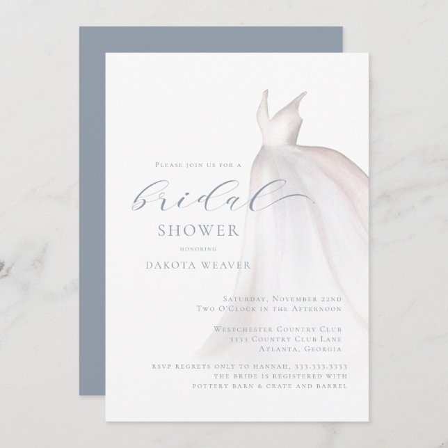 Dusty Blue White Wedding Dress Bridal Shower Invitation (Front/Back)