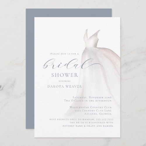 Dusty Blue White Wedding Dress Bridal Shower Invitation