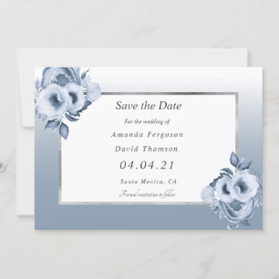 Dusty blue white wedding florals Save the Date Announcement