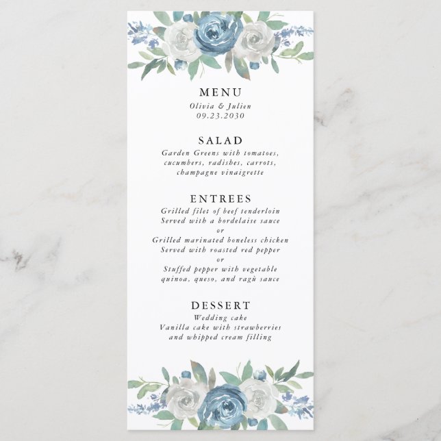 Dusty Blue & White Wedding Menu (Front)