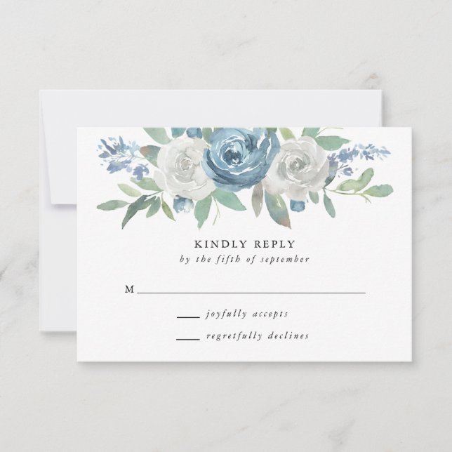 Dusty Blue & White Wedding RSVP Card (Front)