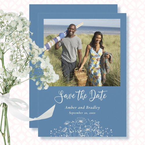 Dusty Blue White Wildflower Photo QR Code Wedding Invitation