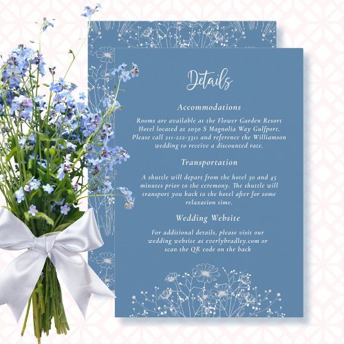 Dusty Blue White Wildflower QR Code Detail Wedding Enclosure Card
