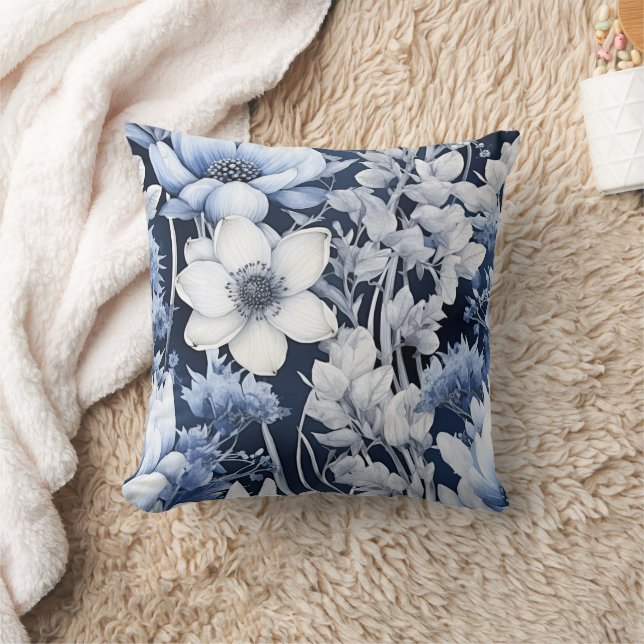 Dusty Blue White Winter Flowers Navy Throw Pillow (Blanket)