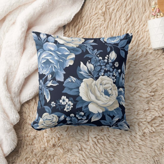 Dusty Blue White Winter Roses Navy Throw Pillow (Blanket)