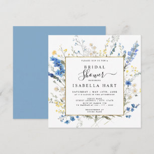 Dusty Blue Wild Floral Dainty Boho Bridal Shower Invitation