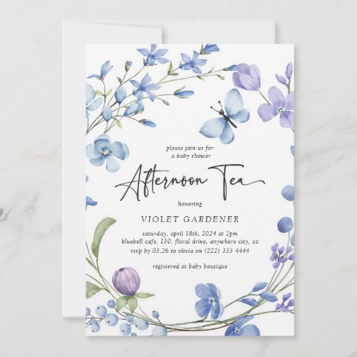 Dusty Blue Wildflower Afternoon Tea Baby Shower Invitation