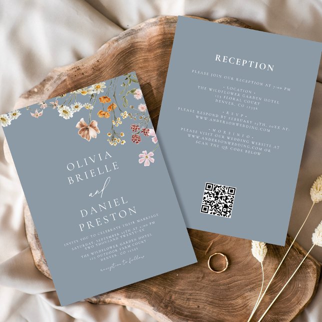 Dusty Blue Wildflower All in One QR Code Wedding Invitation (Creator Uploaded)