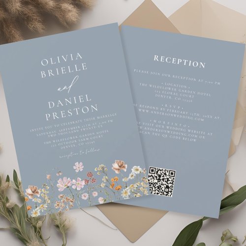 Dusty Blue Wildflower All in One QR Code Wedding Invitation