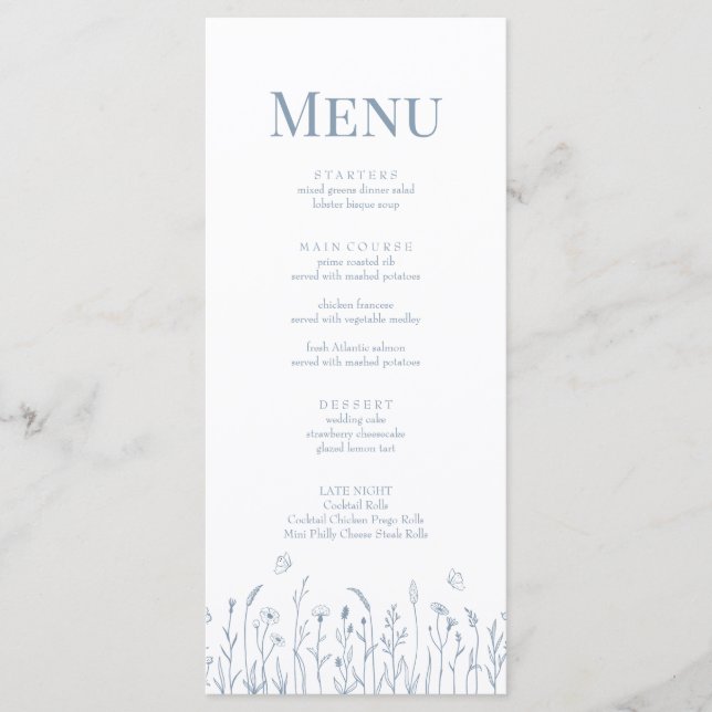 Dusty Blue Wildflower and Butterflies Menu Card (Front)