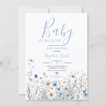 Dusty Blue Wildflower Baby In Bloom Baby Shower  Invitation by HappyPartyStudio at Zazzle
