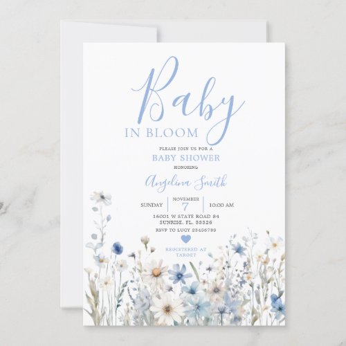 Dusty Blue Wildflower Baby in Bloom Baby Shower  Invitation