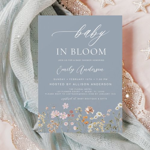 Dusty Blue Wildflower Baby in Bloom Baby Shower Invitation