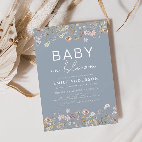 Dusty Blue Wildflower Baby in Bloom Baby Shower Invitation