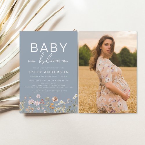 Dusty Blue Wildflower Baby in Bloom Baby Shower Invitation