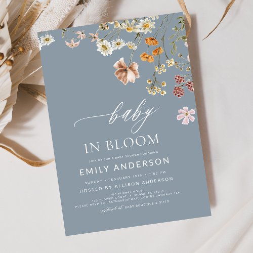 Dusty Blue Wildflower Baby in Bloom Baby Shower Invitation