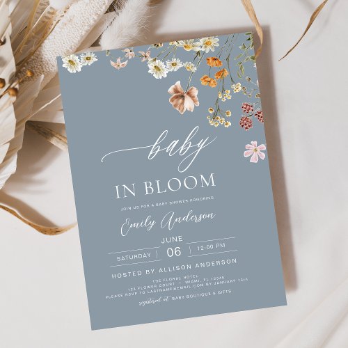 Dusty Blue Wildflower Baby in Bloom Baby Shower Invitation