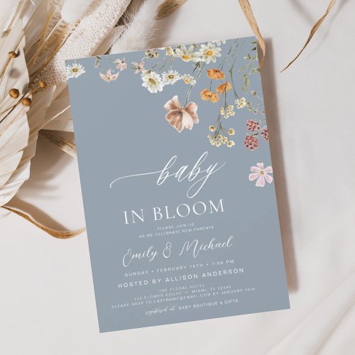 Dusty Blue Wildflower Baby in Bloom Baby Shower Invitation