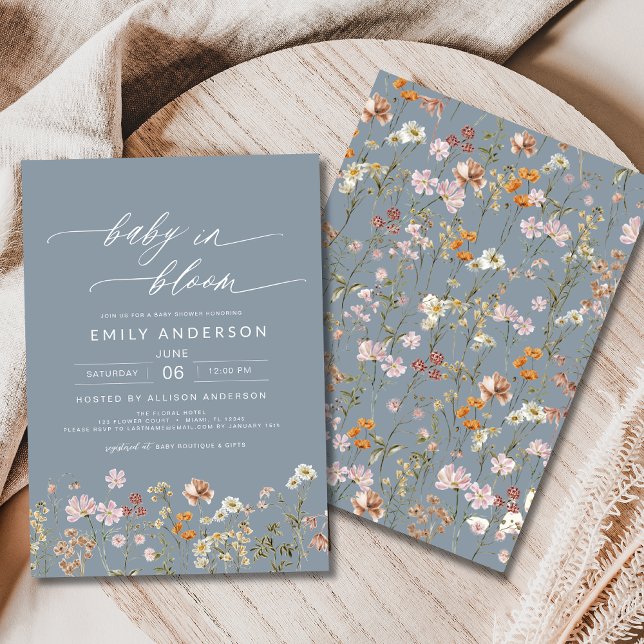 Dusty Blue Wildflower Baby in Bloom Baby Shower  Invitation (Creator Uploaded)