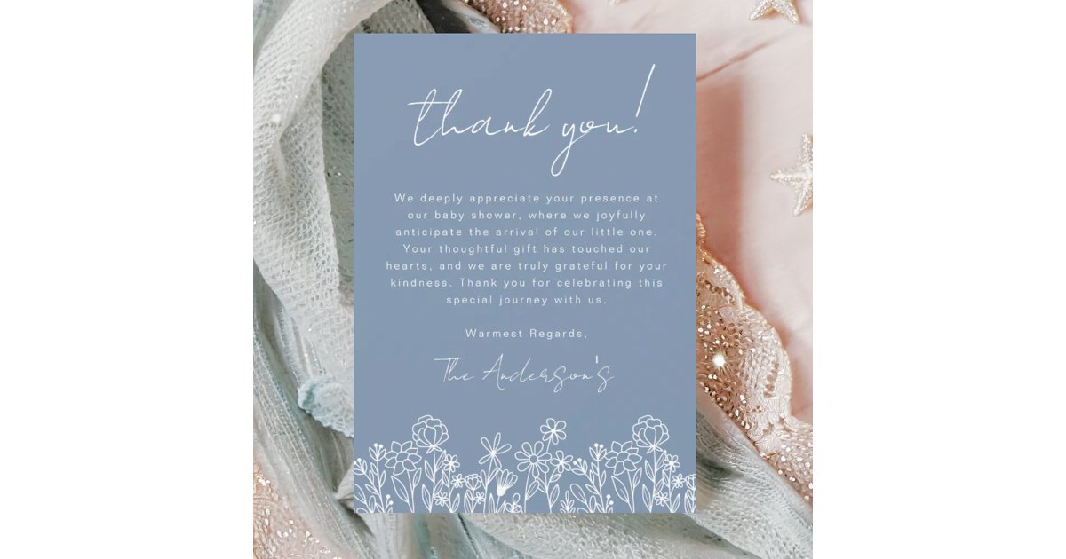 Dusty Blue Wildflower Baby in Bloom Baby Shower Thank You Card | Zazzle