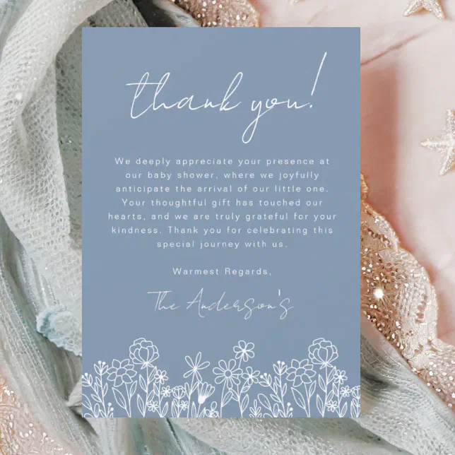 Dusty Blue Wildflower Baby in Bloom Baby Shower Thank You Card | Zazzle