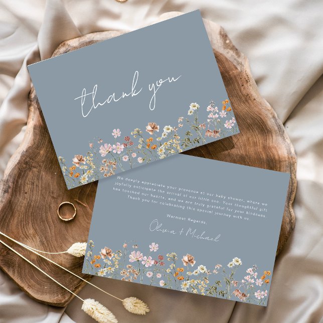 Dusty Blue Wildflower Baby in Bloom Baby Shower Thank You Card (Creator Uploaded)