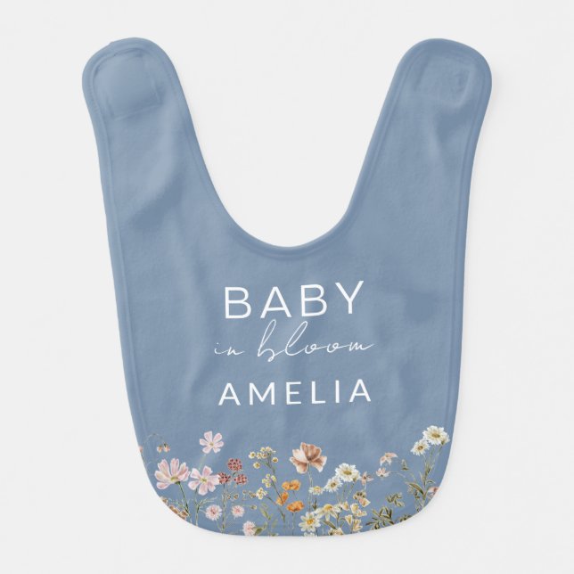 Dusty Blue Wildflower Baby in Bloom Floral  Baby Bib (Front)
