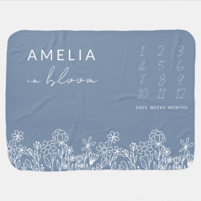 Dusty Blue Wildflower Baby in Bloom Floral  Baby Blanket (Horizontal)
