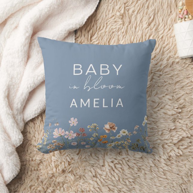 Dusty Blue Wildflower Baby in Bloom Floral  Throw Pillow (Blanket)