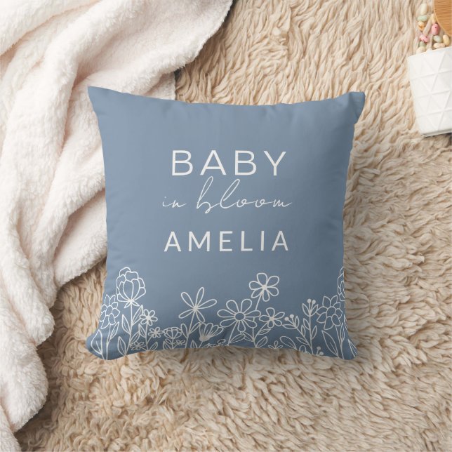 Dusty Blue Wildflower Baby in Bloom Floral  Throw Pillow (Blanket)
